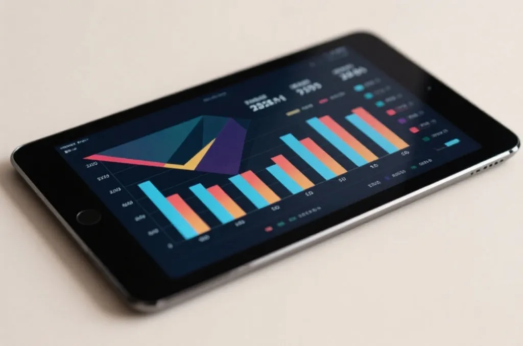 A modern tablet computer displaying detailed football statistics and analytical graphs on a wooden desk